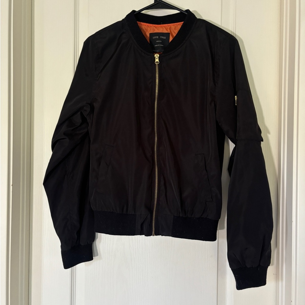 Love Tree Black Bomber Jacket Women’s Medium Orange Lining MA-1 Style Zip Front - Picture 6 of 6